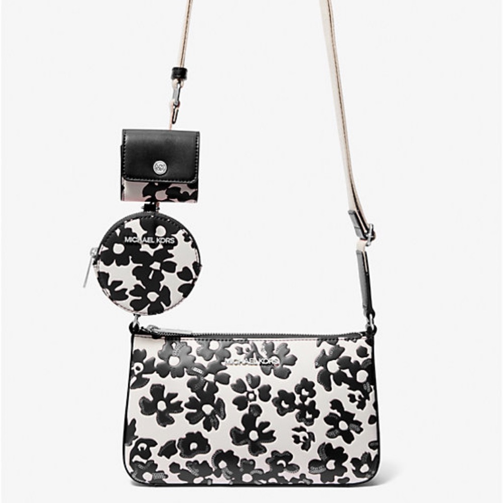 MICHAEL KORS Jet Set Sm Sequined Floral Print Crossbody w Case for Apple Airpods - Picture 4 of 16
